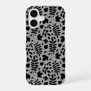 Fallen Leaves Pattern Black on Grey iPhone 16 Case