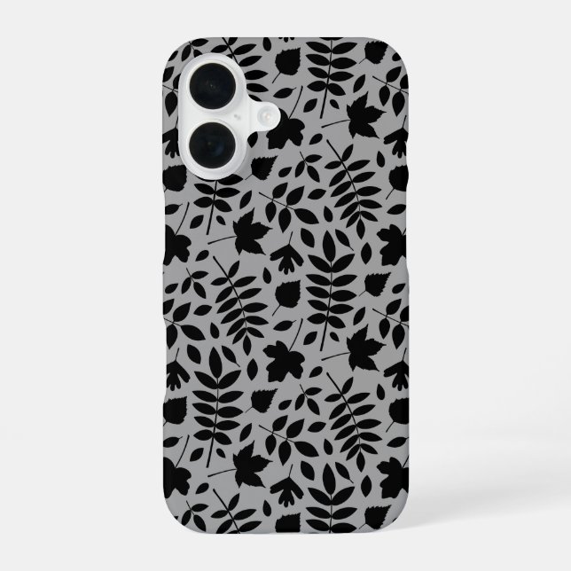 Fallen Leaves Pattern Black on Grey iPhone 16 Case (Back)