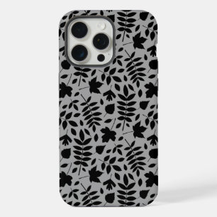 Fallen Leaves Pattern Black on Grey iPhone 15 Pro Max Case