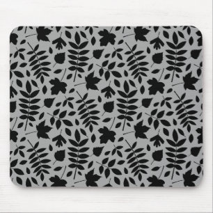 Fallen Leaves Pattern Black on Grey Mouse Pad