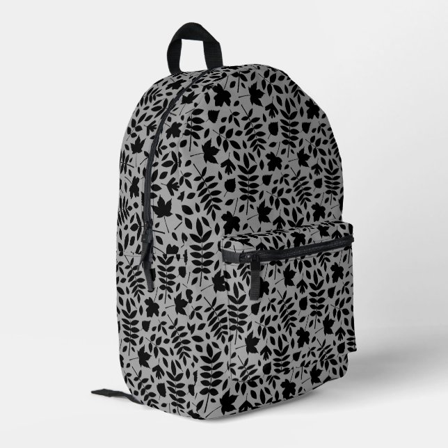 Fallen Leaves Pattern Black on Grey Printed Backpack (Back Corner Left)