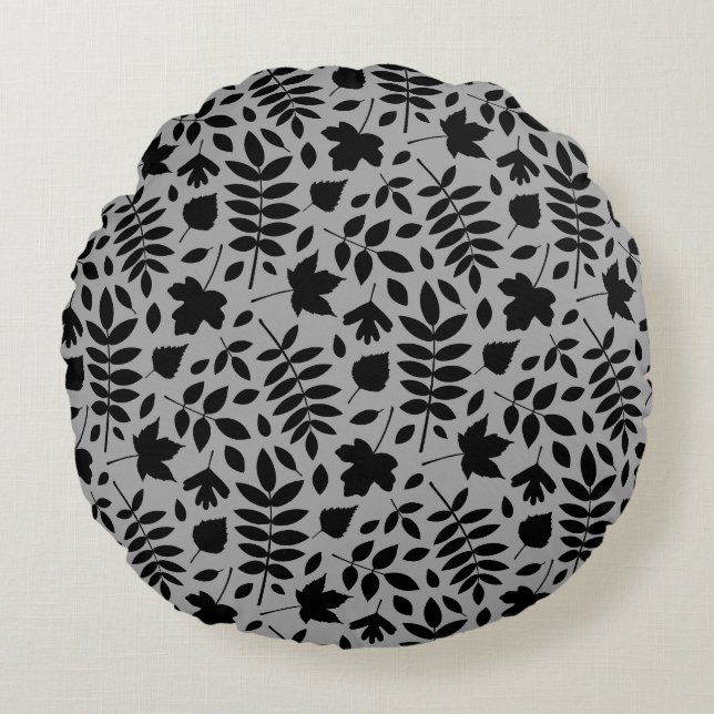 Fallen Leaves Pattern Black on Grey Round Cushion (Front)