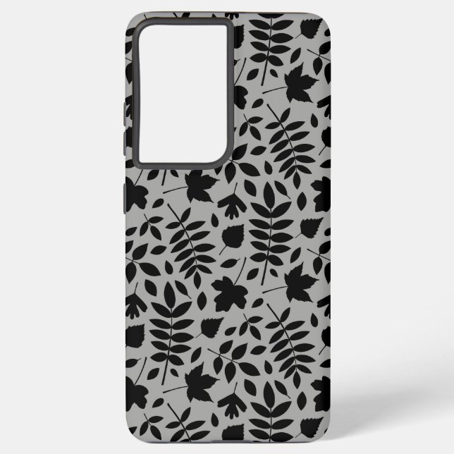 Fallen Leaves Pattern Black on Grey Samsung Galaxy S21 Ultra Case (Back)