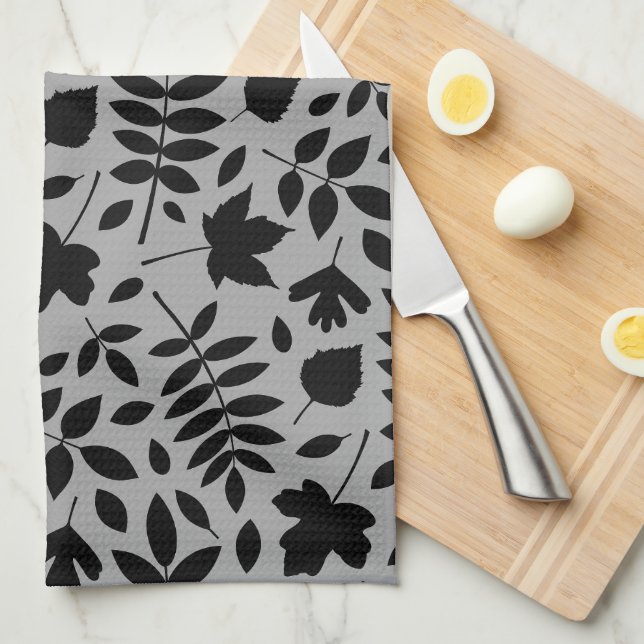 Fallen Leaves Pattern Black on Grey Tea Towel (Quarter Fold)