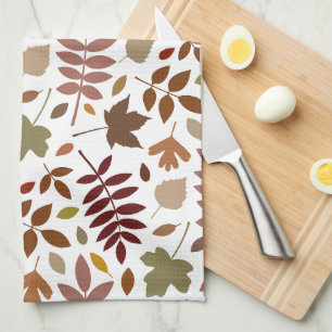 Fallen Leaves Pattern Fall Colours on White Tea Towel