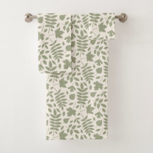 Fallen Leaves Pattern Green on Cream Bath Towel Set