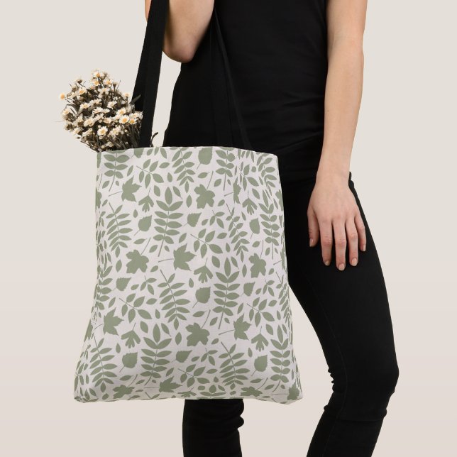 Fallen Leaves Pattern Green on Cream Tote Bag (Close Up)