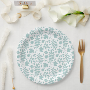 Fallen Leaves Pattern Lt Teal on White Paper Plate