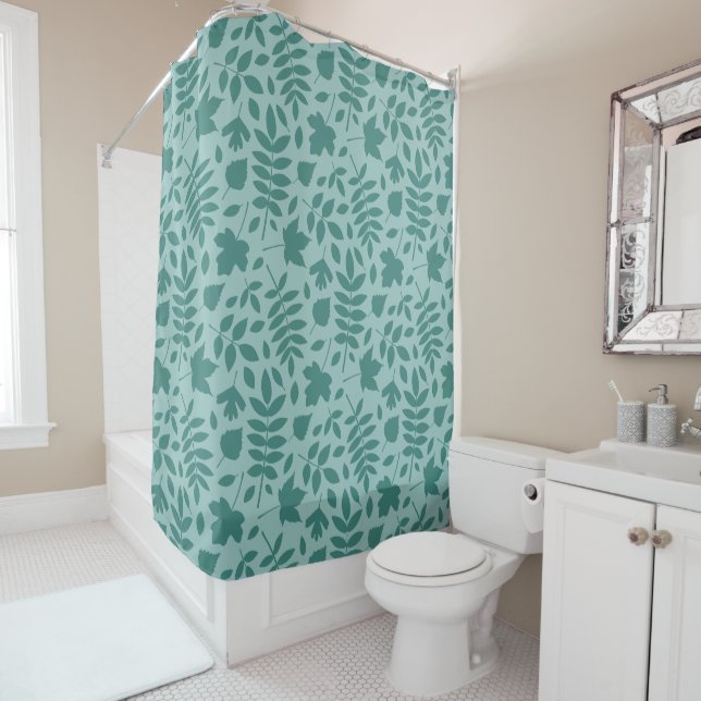 Fallen Leaves Pattern Mid on Lt Teal Shower Curtain (In Situ)