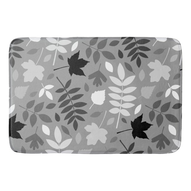 Fallen Leaves Pattern Monochrome on Grey Bath Mat (Front)