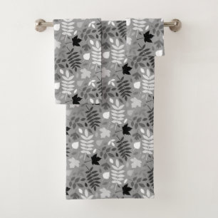 Fallen Leaves Pattern Monochrome on Grey Bath Towel Set