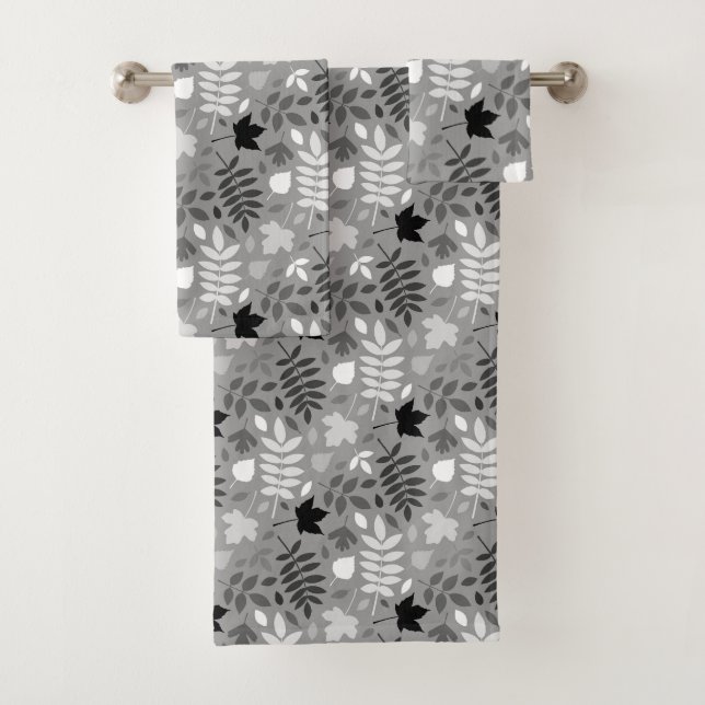 Fallen Leaves Pattern Monochrome on Grey Bath Towel Set (Insitu)