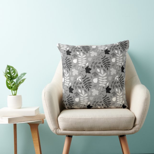 Fallen Leaves Pattern Monochrome on Grey Cushion (Chair)