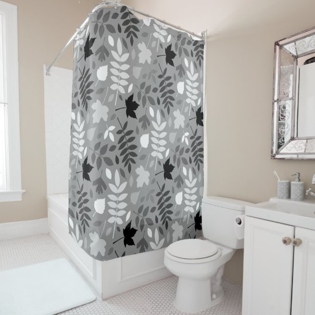 Fallen Leaves Pattern Monochrome on Grey Shower Curtain (In Situ)