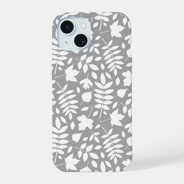 Fallen Leaves Pattern White on Grey iPhone 15 Case (Back)