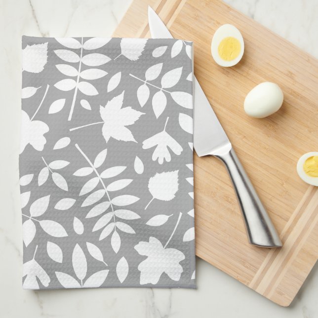 Fallen Leaves Pattern White on Grey Tea Towel (Quarter Fold)