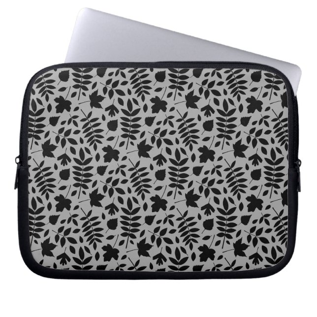 Fallen Leaves Rpt Pattern Black on Grey Laptop Sleeve (Front)