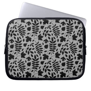 Fallen Leaves Rpt Pattern Black on Grey Laptop Sleeve