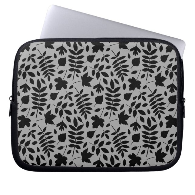 Fallen Leaves Rpt Pattern Black on Grey Laptop Sleeve (Front)