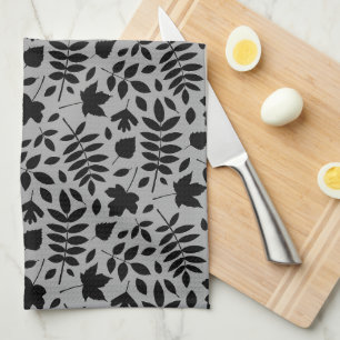 Fallen Leaves Rpt Pattern Black on Grey Tea Towel