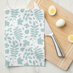 Fallen Leaves Rpt Pattern Lt Teal on White Tea Towel