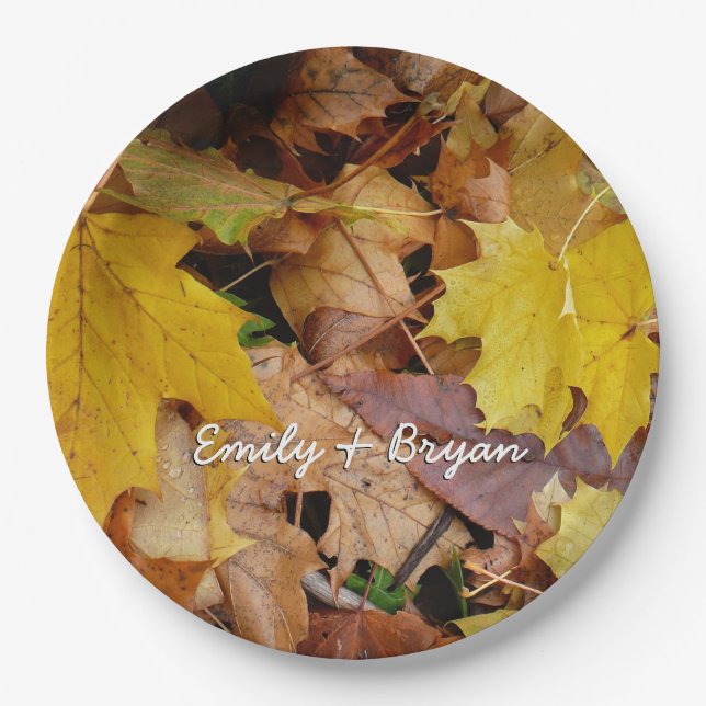 Fallen Maple Leaves Yellow Autumn Nature Paper Plate (Front)