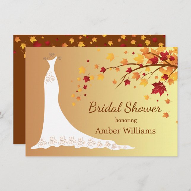 Falling autumn leaves, wedding gown Bridal Shower Invitation (Front/Back)