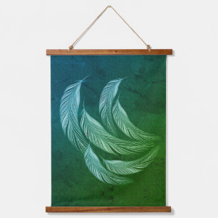 Falling Colourful Feathers Green Hanging Tapestry