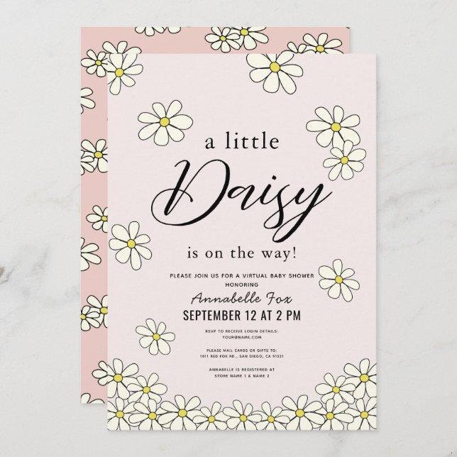 Falling Daisies Floral Pink Virtual Baby Shower Invitation (Front/Back)