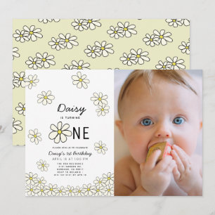 Falling Daisies White Floral Photo 1st Birthday Invitation