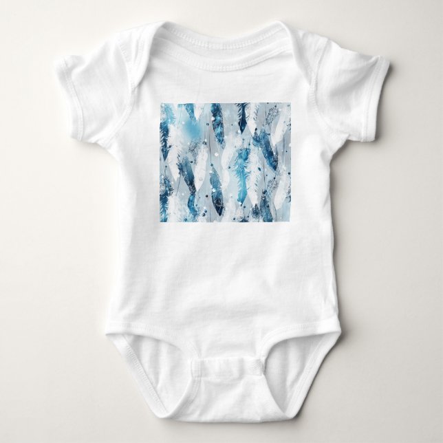 Falling Feathers: Blue Watercolor Seamless Baby Bodysuit (Front)