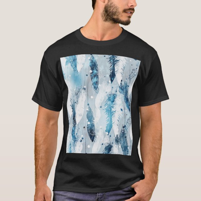 Falling Feathers: Blue Watercolor Seamless T-Shirt (Front)