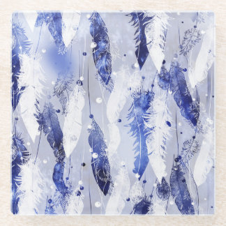 Falling feathers: watercolor blue pattern. glass coaster