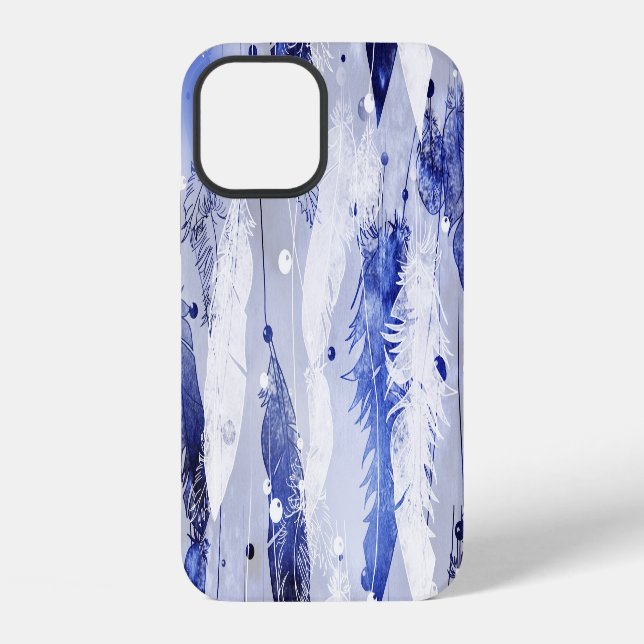 Falling feathers: watercolor blue pattern. iPhone case (Back)
