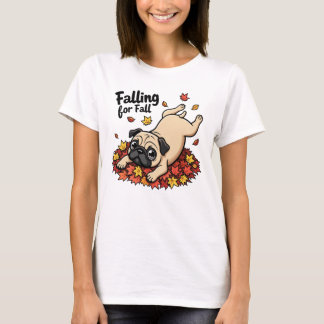 Falling for Fall - Playful Pug in Leaves T-Shirt