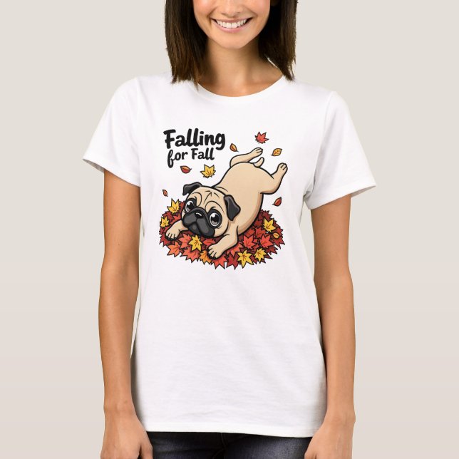 Falling for Fall - Playful Pug in Leaves T-Shirt (Front)