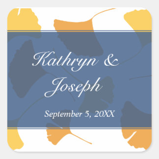 Falling ginkgo leaves blue wedding favour square sticker