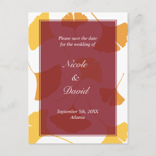 Falling ginkgo leaves maroon wedding save the date announcement postcard
