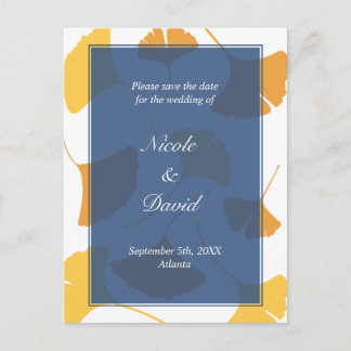 Falling ginkgo leaves navy wedding save the date announcement postcard
