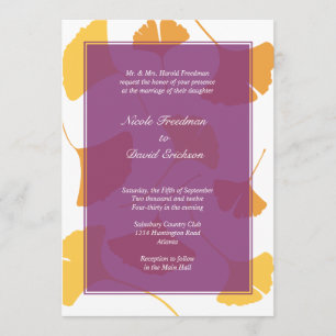 Falling ginkgo leaves purple golden autumn wedding invitation