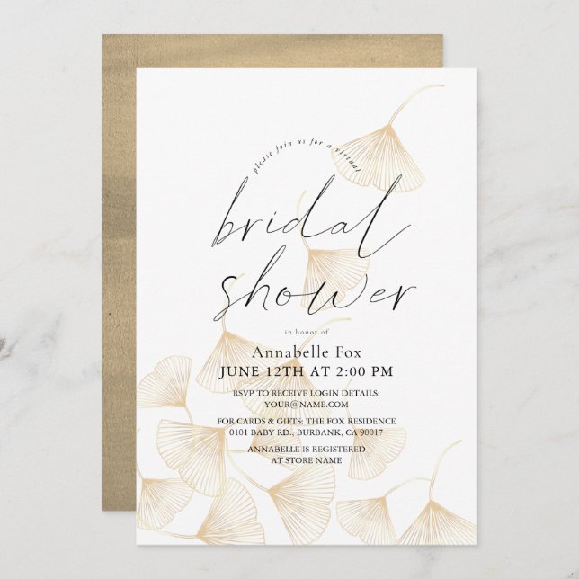 Falling Gold Ginkgo Leaves Virtual Bridal Shower Invitation (Front/Back)