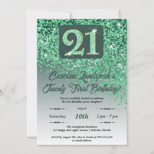 Falling Green Glitter 21st Birthday Party Invitation