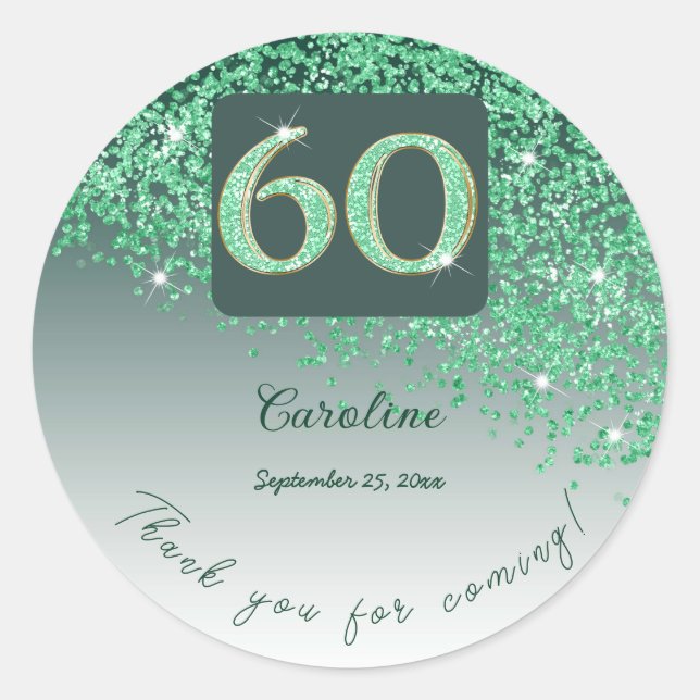 Falling Green Glitter, 60th Birthday Thanks Classic Round Sticker (Front)