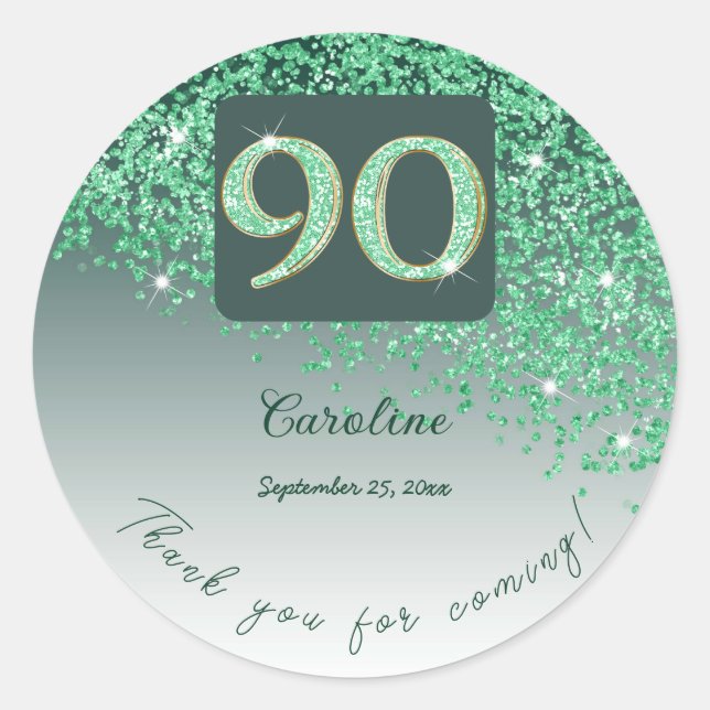 Falling Green Glitter, 90th Birthday Thanks Classic Round Sticker (Front)