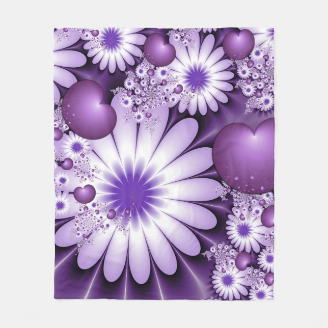 Falling in Love Abstract Flowers & Hearts Fractal Fleece Blanket (Front)