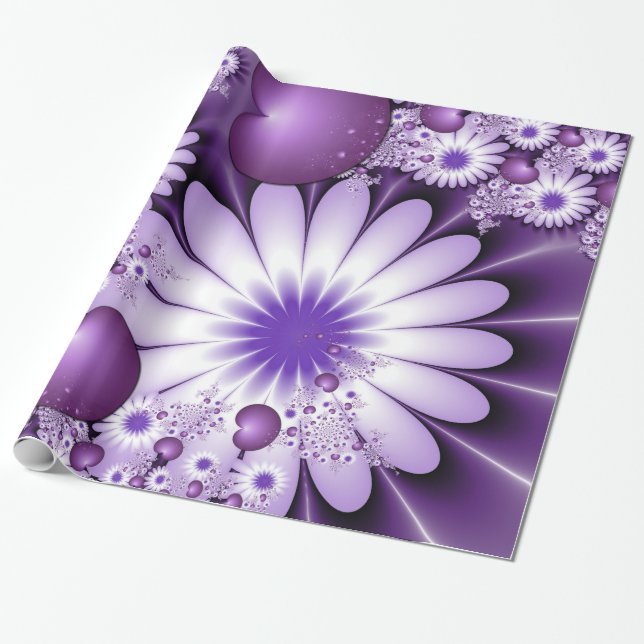 Falling in Love Abstract Flowers & Hearts Fractal Wrapping Paper (Unrolled)