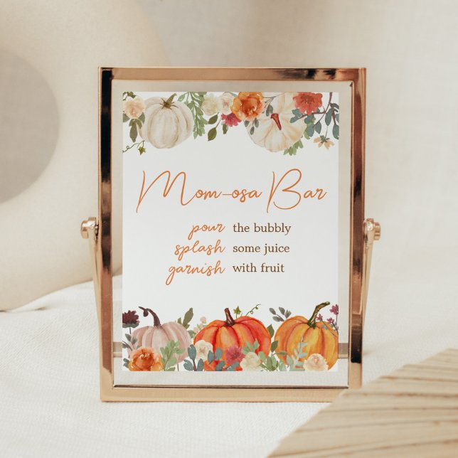 Falling In Love Floral Pumpkin Mum Osa Bar Poster (Fall Floral Pumpkin Baby Shower Mom Osa Bar Sign)