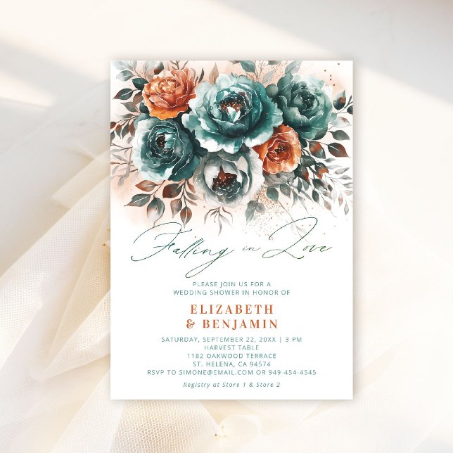 Falling in Love Modern Chic Wedding Bridal Shower Invitation (falling in love wedding shower invitation teal burnt orange terracotta floral elegant modern romance)