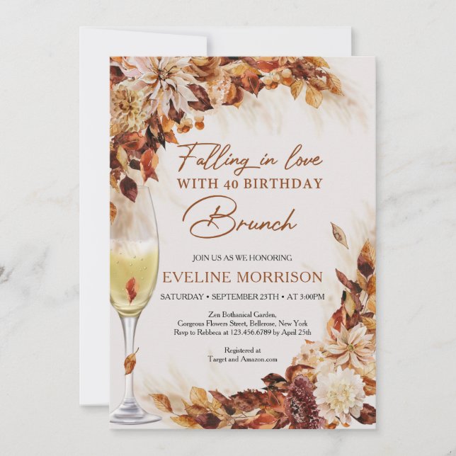Falling in love with 40 birthday Brunch and Bubbly Invitation (Front)