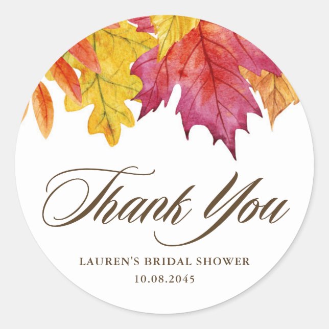 Falling Leaves Autumn Bridal Shower Thank You Classic Round Sticker (Front)